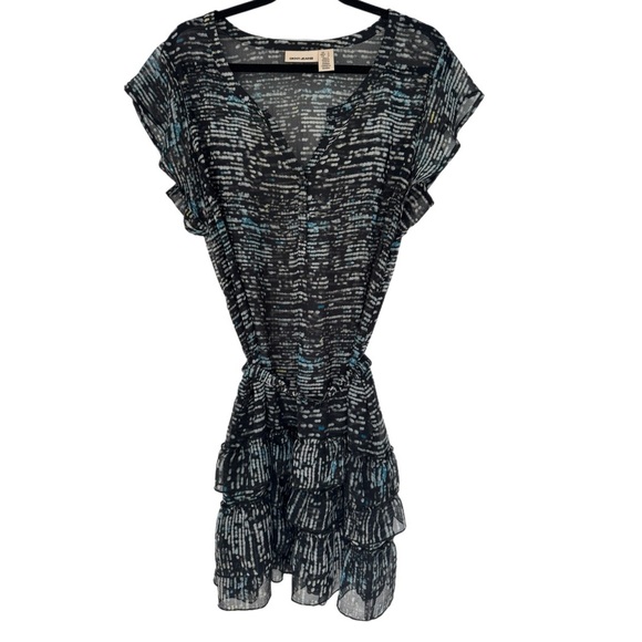 DKNY Belted Geometric Mini Dress Size L Flutter Sleeve Tiered Ruffle Hem - Picture 2 of 8